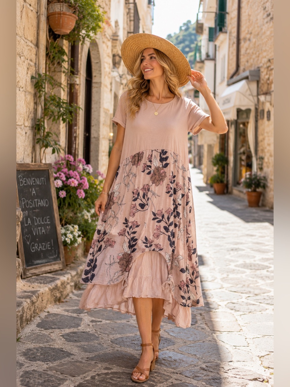 315. ME & GEE | Made in Italy | Blush Floral Hi-Low Dress | M | 20+/46